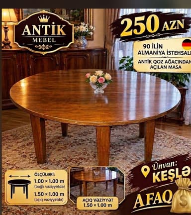 Antik qoz ağacından açılan masa, 90 illik Almaniya istehsalı