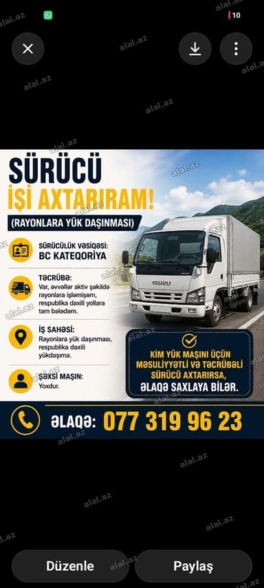 Sürücü isi axtarıram,tecrubem var rayonlara kimse sexsi avtomobili ile