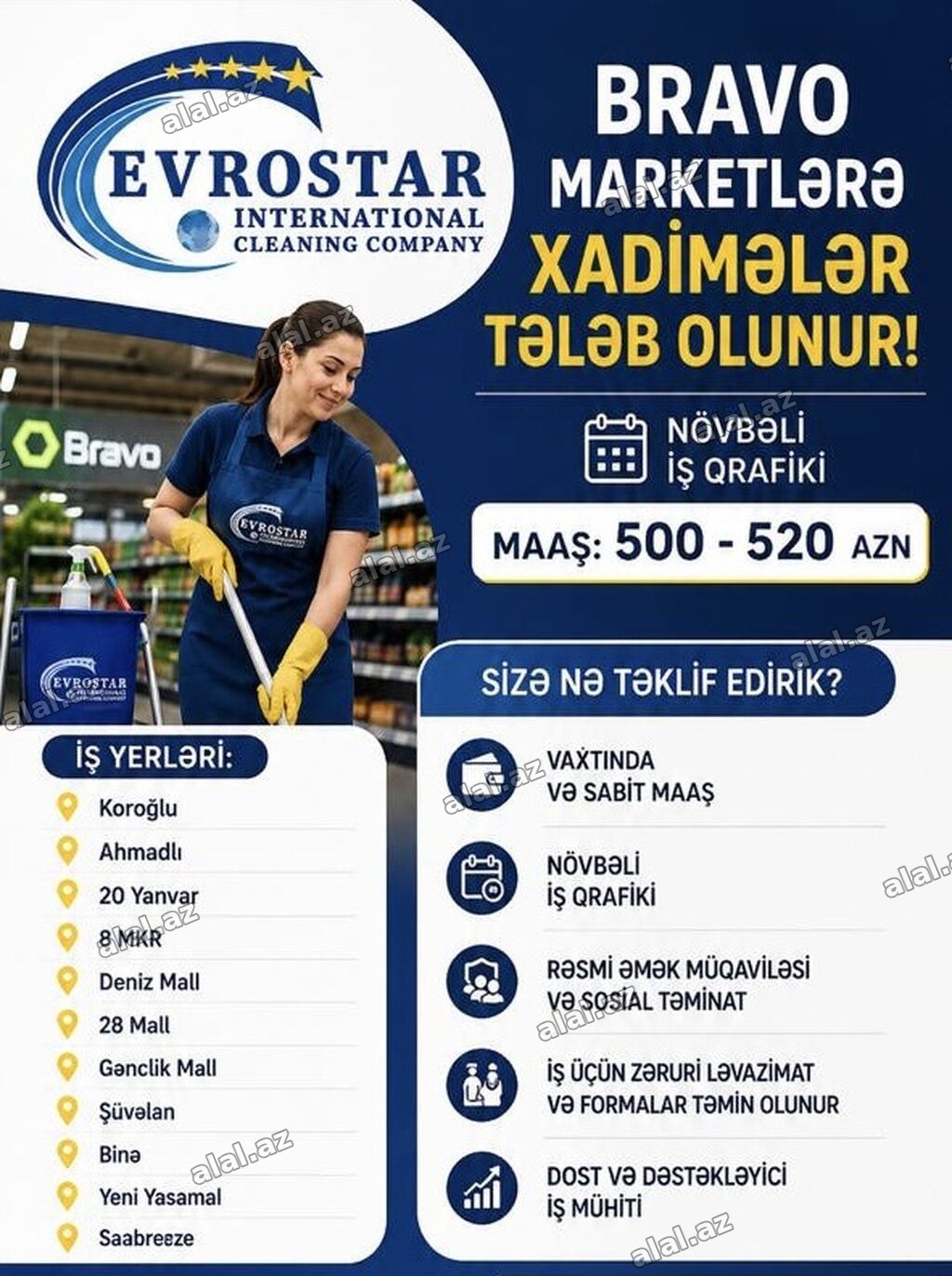 Xadimə tələb olunur, İstənilən yaş, Təcrübəsiz, Növbəli qrafik, Aylıq ödəniş