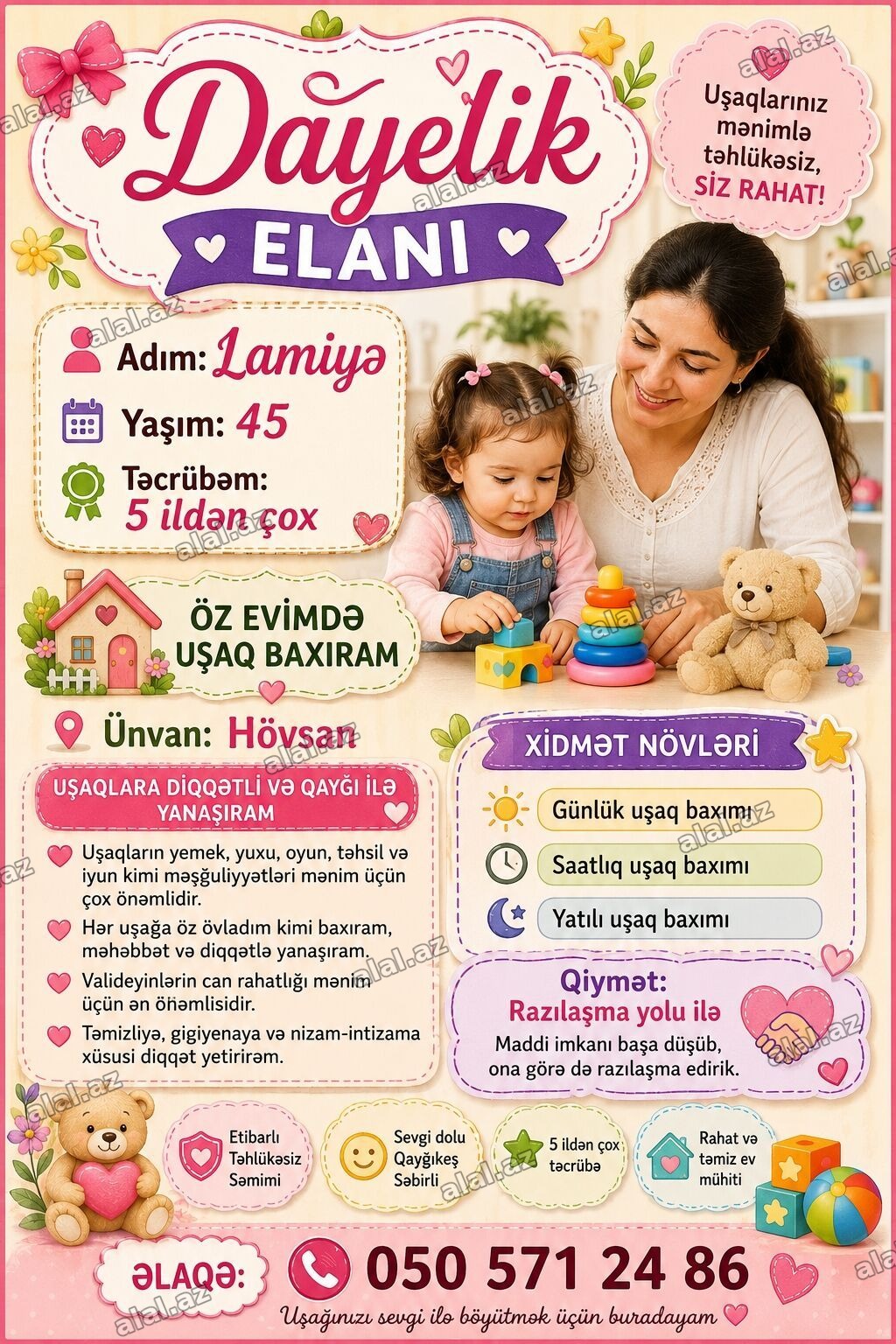Salam, mən Lamiyəyəm, 45 yaşım var. 🌷 5 ildən çox dayəlik təcrübəm
