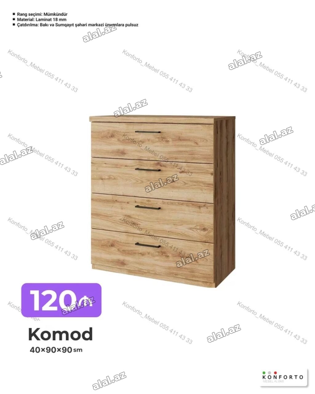 Komod – 4 çekmecəli, taxta teksturalı dizayn Ölçülər: - 40 × 90 × 90