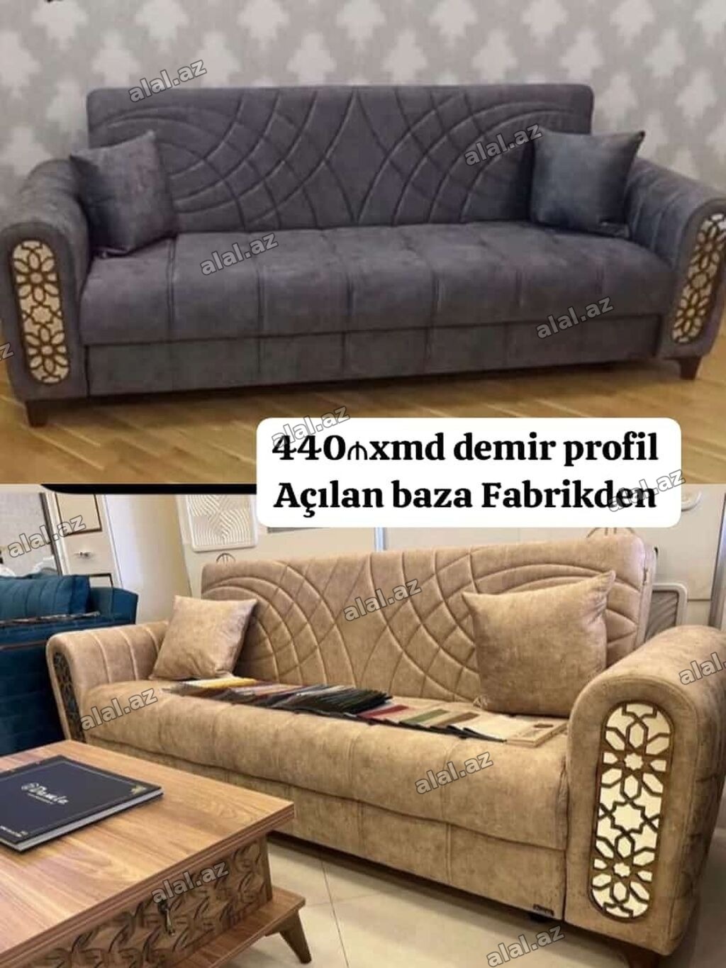 Model: Açılan baza ilə divan - Dizayn: Qol hissələrində naxışlı dekor