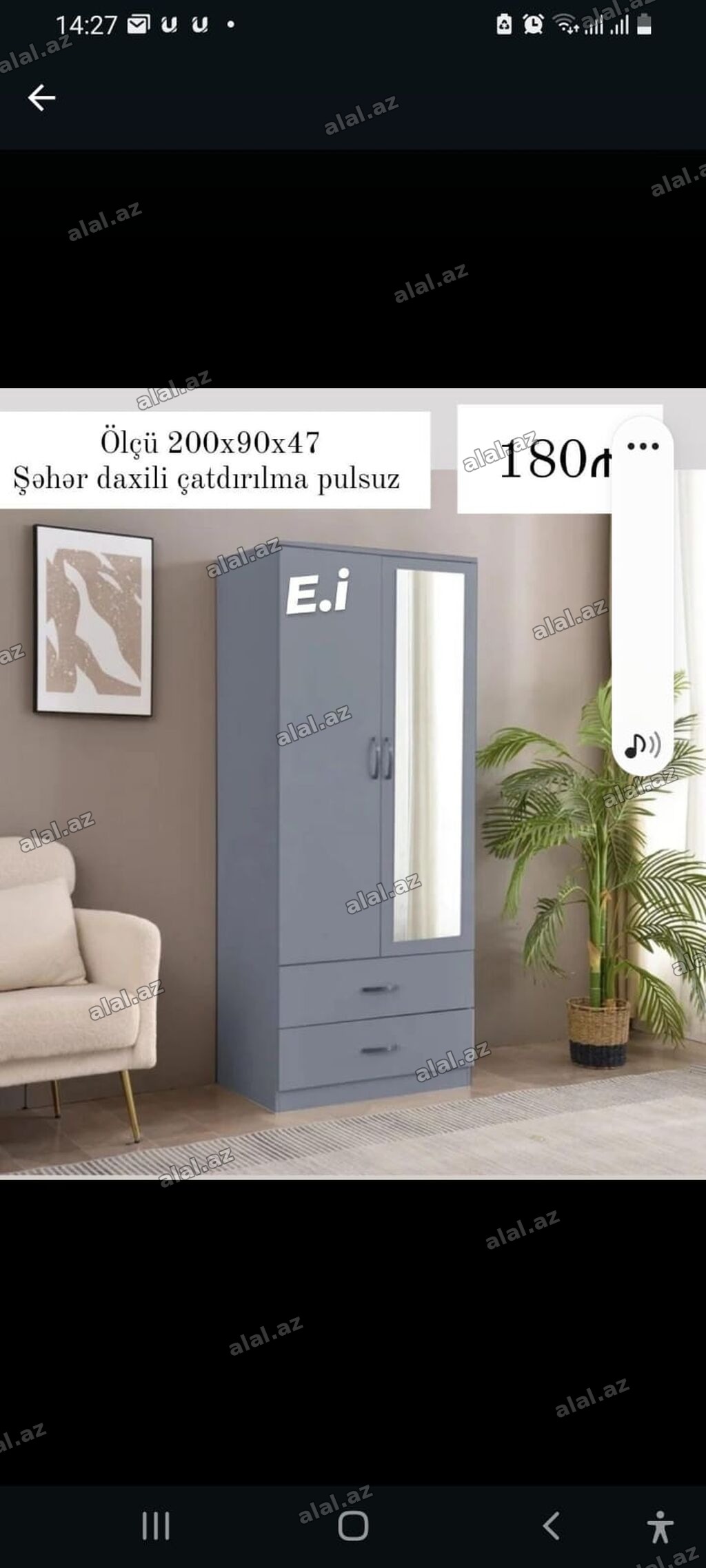 Güzgülü iki qapılı şkaf - Ölçü: 200 x 90 x 47 sm - Rəng: boz - Ön