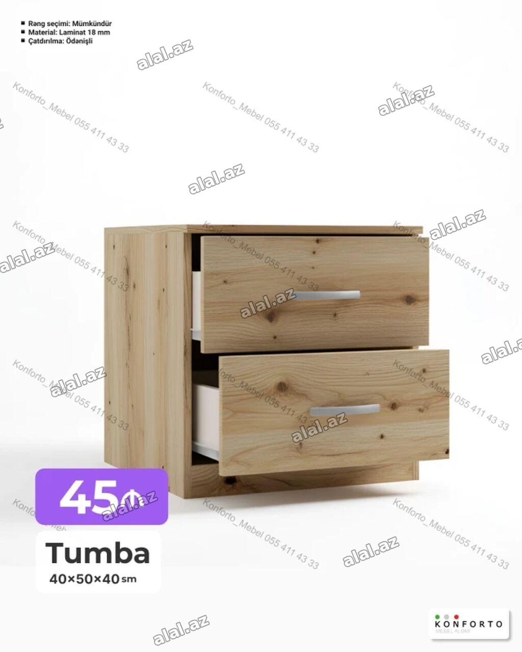 Tumba – 2 çekmecəli Ölçü: 40×50×40 sm Material: Laminat, 18 mm