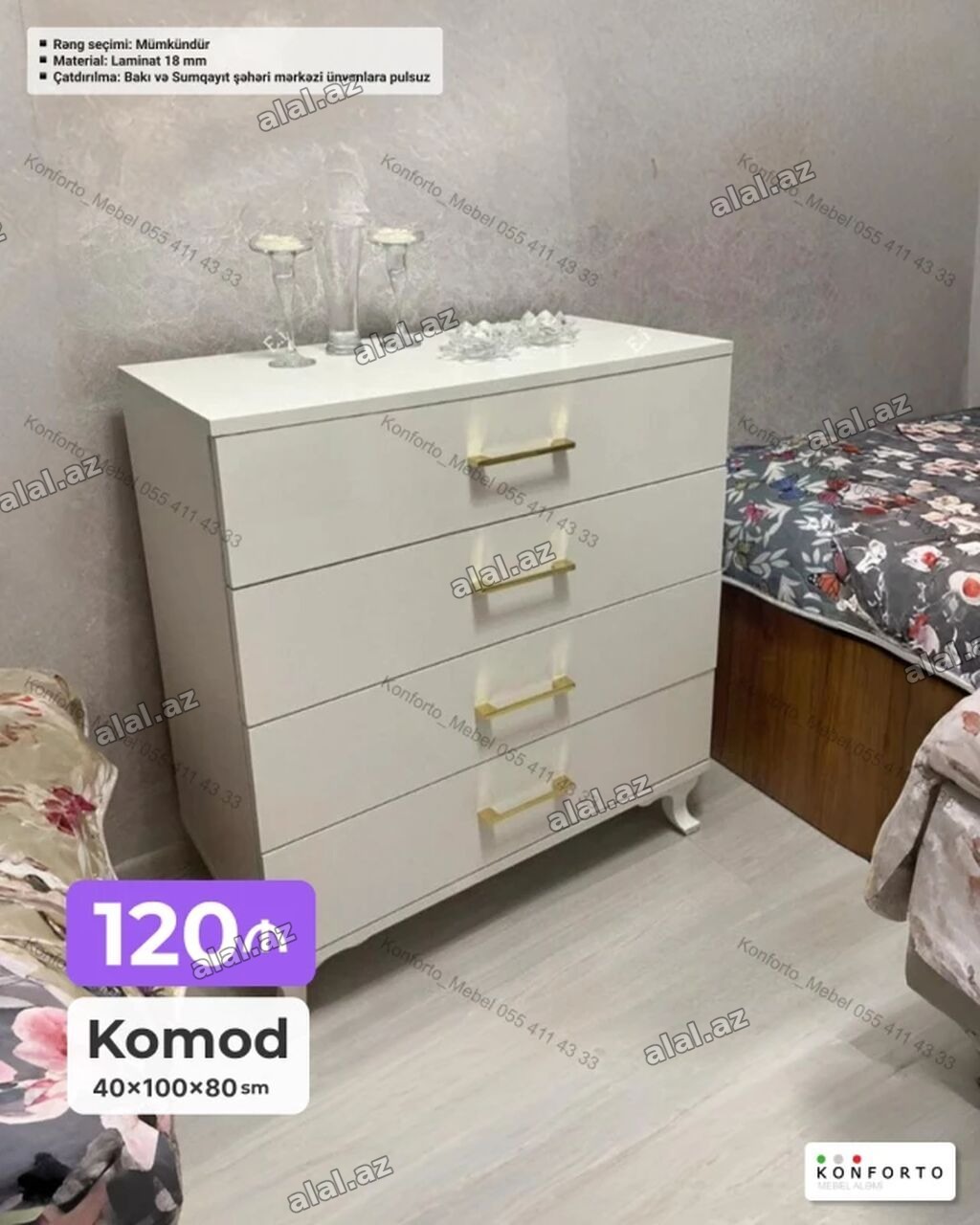Ağ rəngli komod - Ölçülər: 40 × 100 × 80 sm - Material: 18 mm laminat