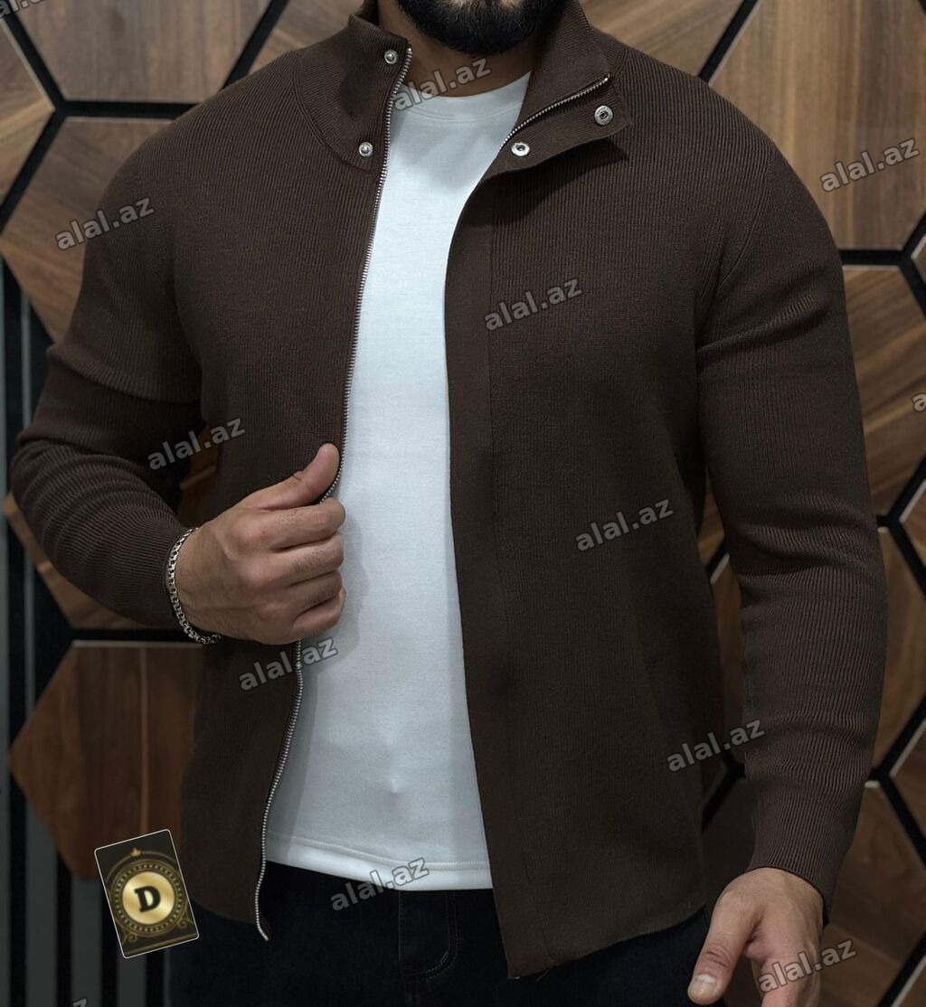 Kişi trikotaj jaketi – fermuarlı, düyməli yaxalı model - Model: kişi
