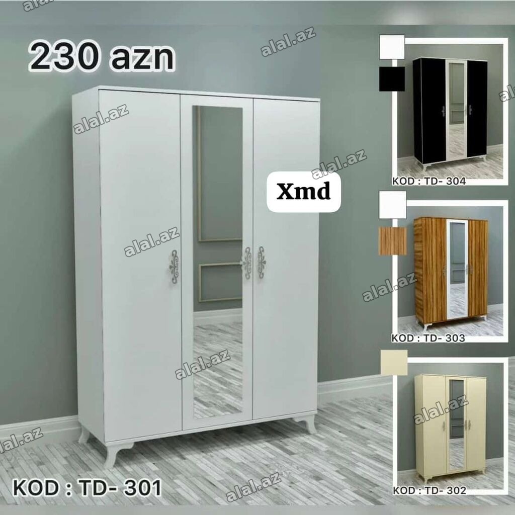 Yeni, 3 qapılı, Güzgülü, Ağ, Açılan, Düz dolab