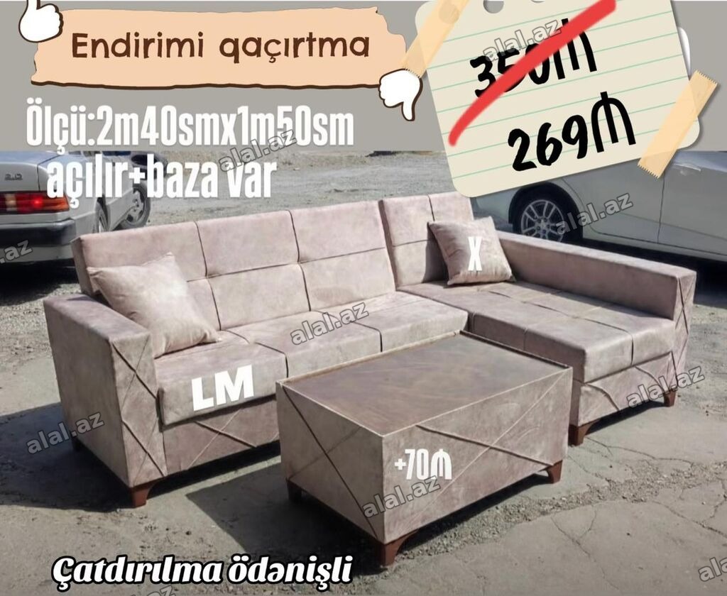 Künc divan dəsti – açılır mexanizmli və bazalı. - Ölçü: 2 m 40 sm x 1