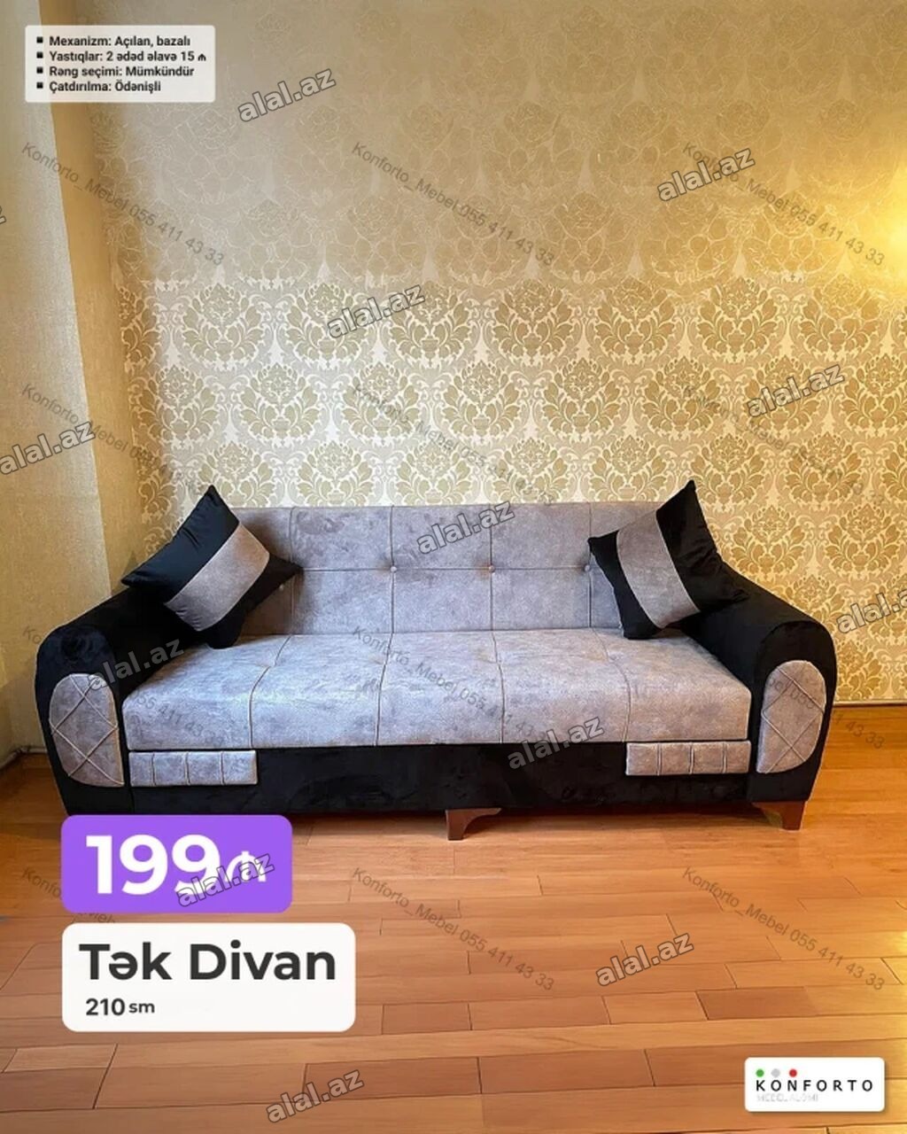 Tək divan – 210 sm - Mexanizm: açılan, bazalı (yataq funksiyalı