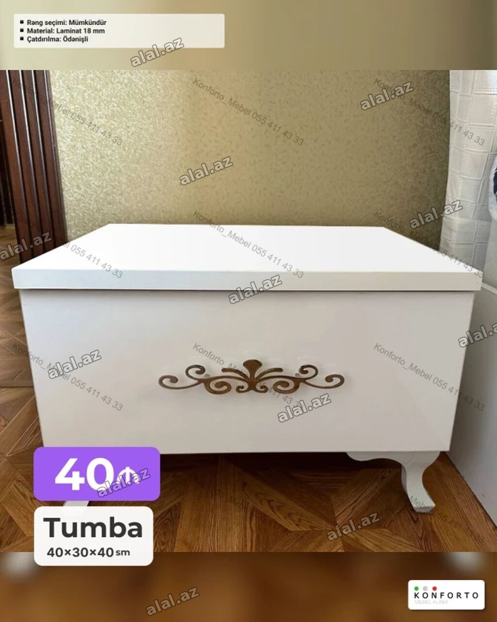 Tumba – 40×30×40 sm - Zərif naxışlı ön panel və dekorativ ayaqlar -