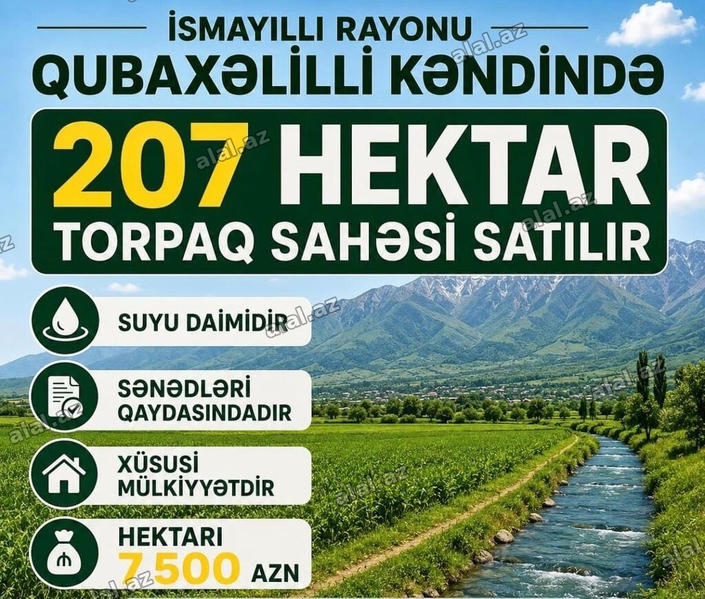 İsmayıllı rayonu Qubaxəlilli kəndində 207 hektar torpaq sahəsi satılır