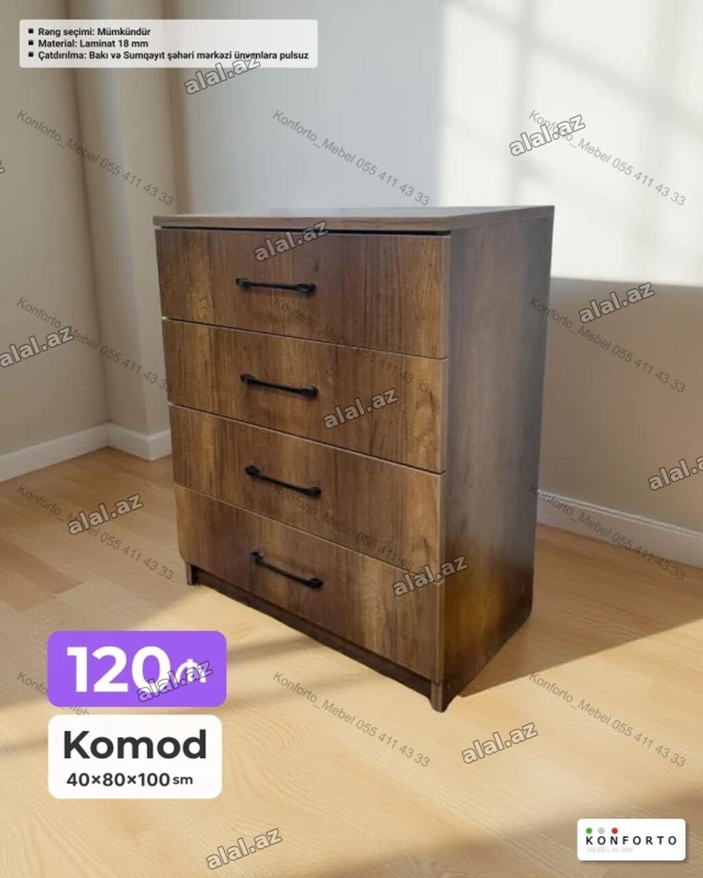 Komod – 4 çekmecəli Ölçülər: 40 × 80 × 100 sm Material: 18 mm