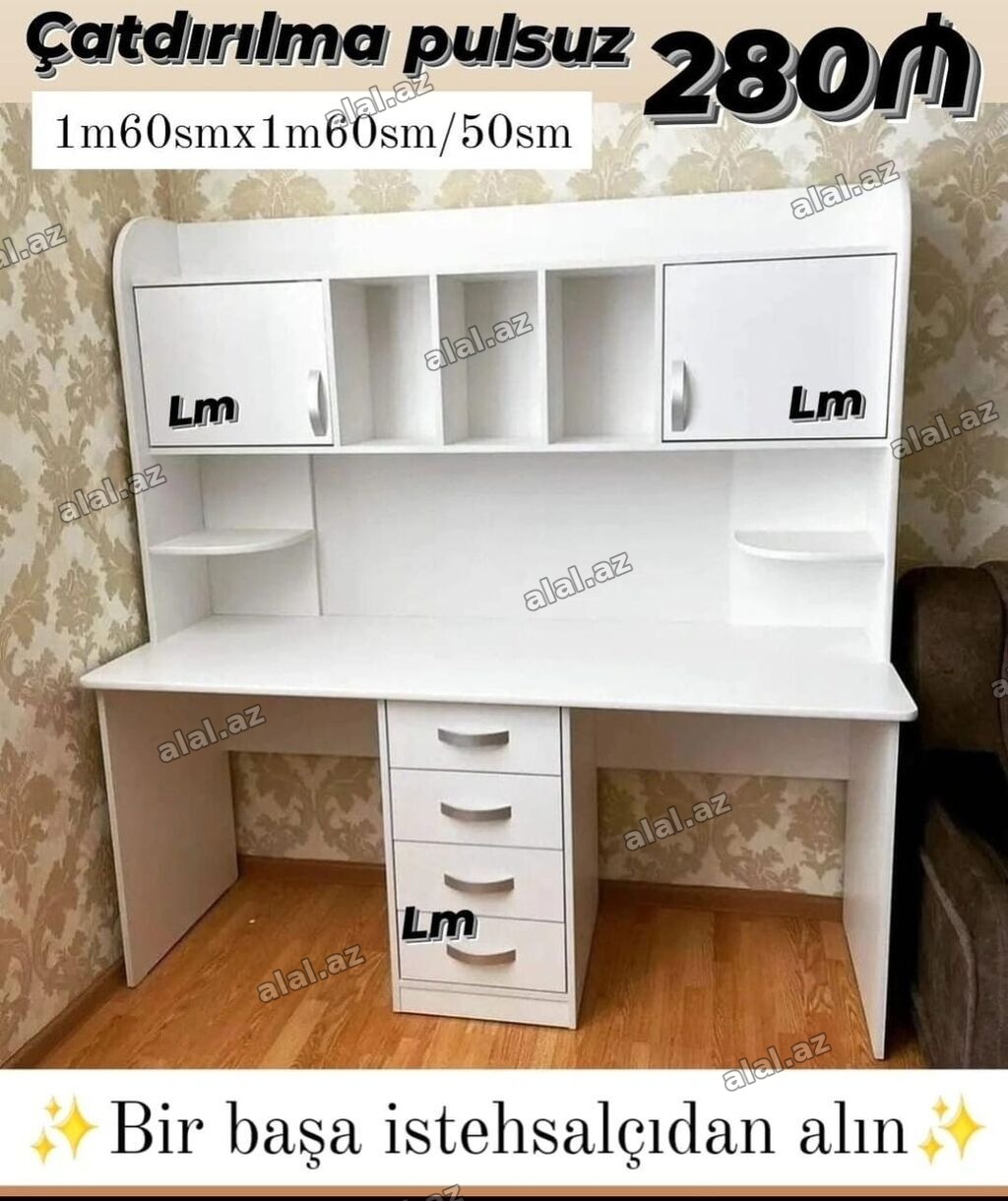 Ağ rəngli funksional iş masası Ölçülər: 1m60sm x 1m60sm x 50sm