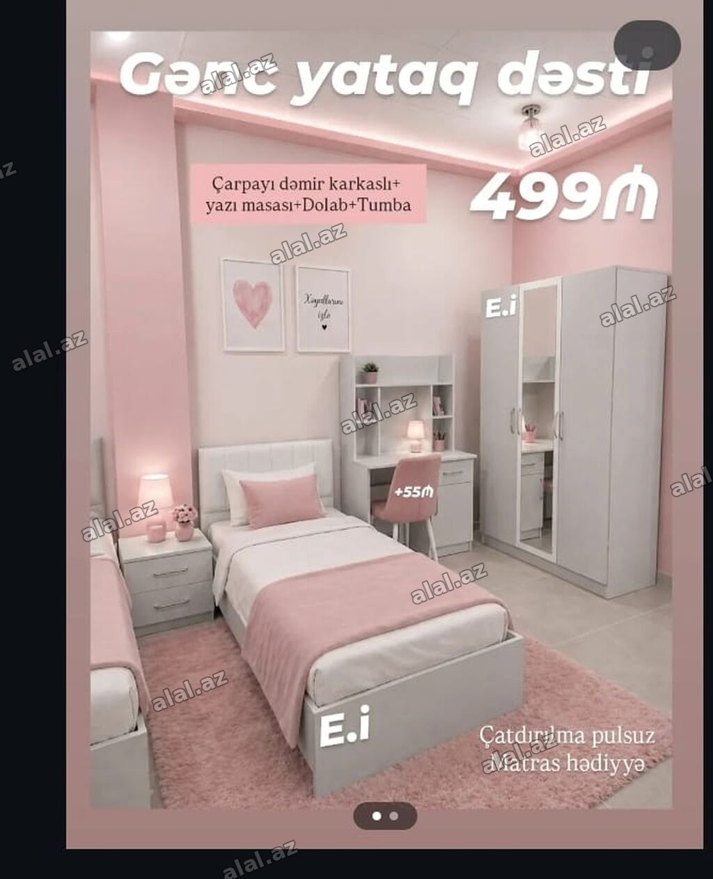 Gənc yataq dəsti – 499₼ Dəst tərkibi: - Çarpayı (dəmir karkaslı) -