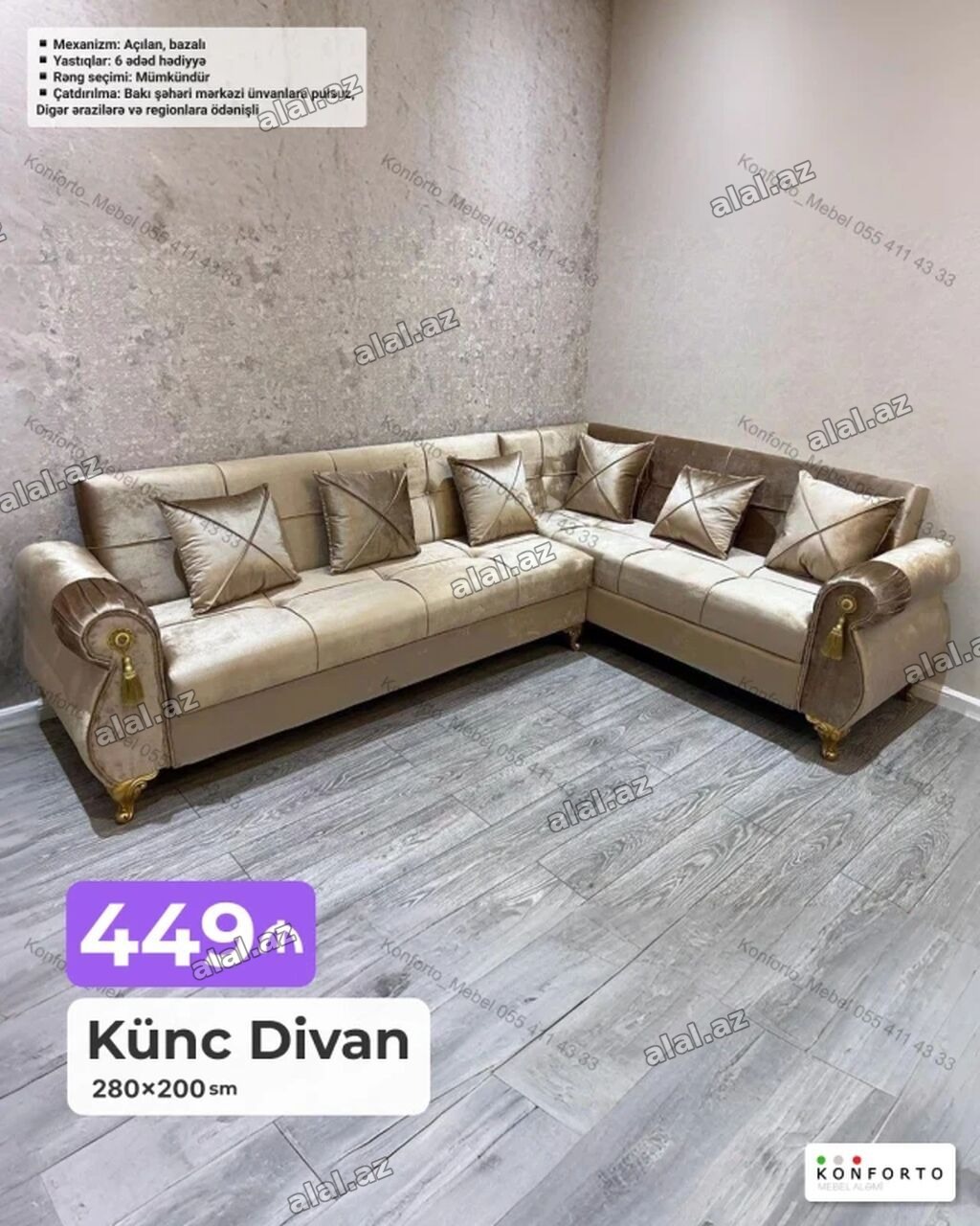 Künc divan – 280×200 sm - Mexanizm: açılan, bazalı (yataq funksiyalı