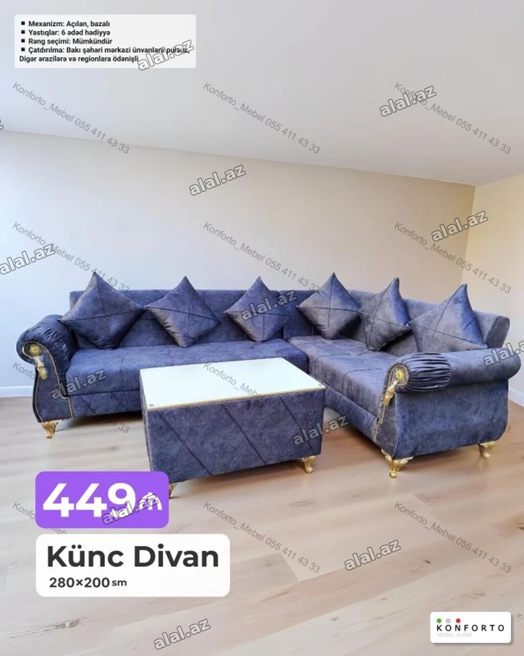 Künc divan – 280×200 sm - Mexanizm: açılan, bazalı - Yastıqlar: 6