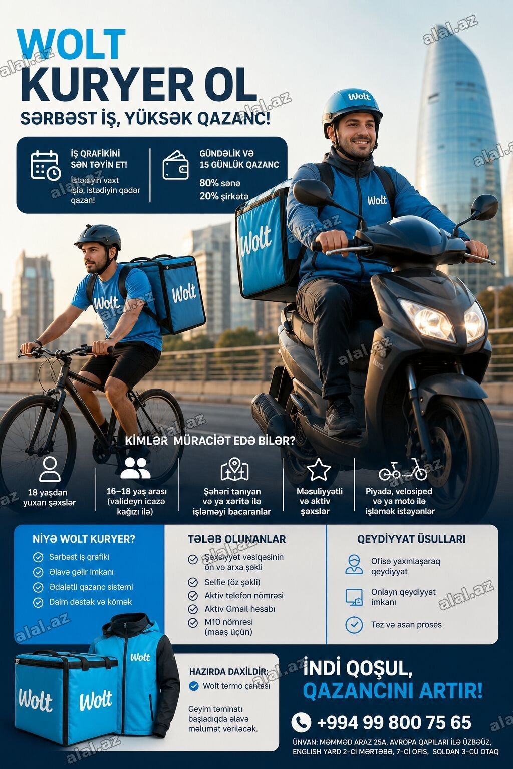 Moto-kuryer tələb olunur, Gündəlik ödəniş, Təcrübəsiz