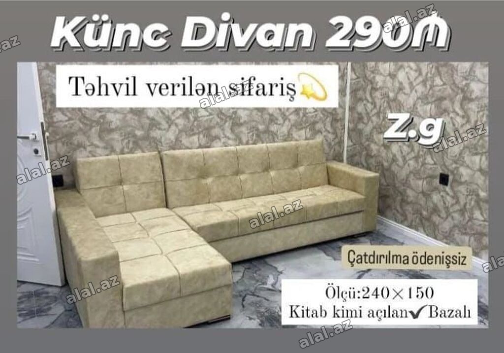 Künc divan – 290₼ - Ölçü: 240 × 150 sm - Kitab kimi açılan mexanizm -