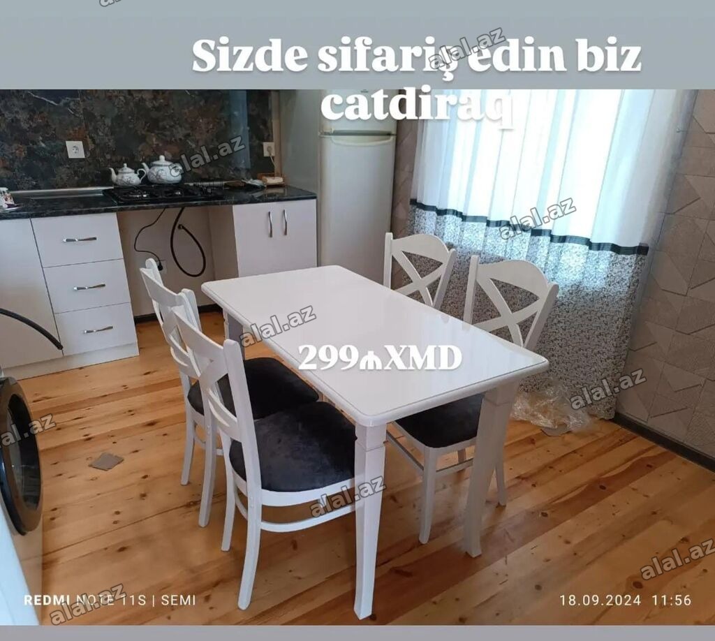 Mətbəx üçün 1 masa + 4 stul dəsti - Rəng: ağ - Dizayn: klassik düz