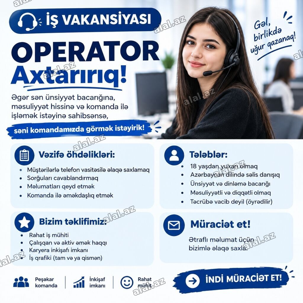 Çağrı mərkəzi operatoru tələb olunur, 18-29 yaş, Təcrübəsiz