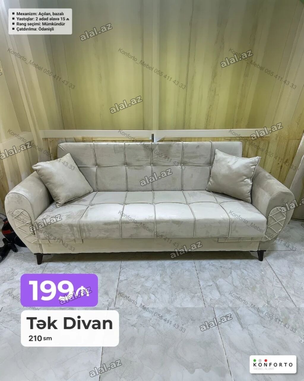 Tək Divan – 210 sm • Mexanizm: açılan, bazalı (yataq funksiyalı və