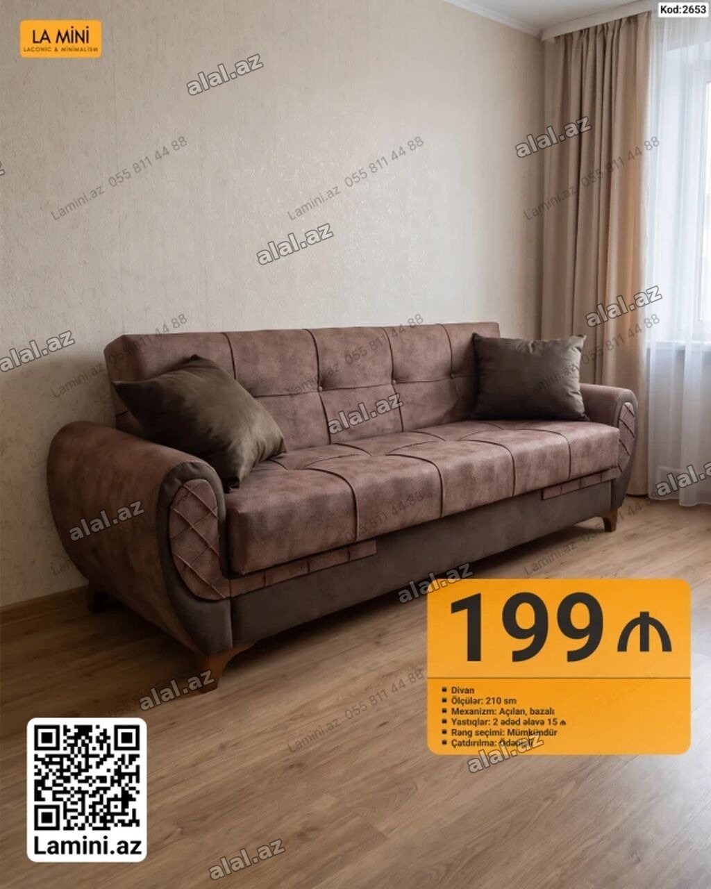 Məhsul: Divan (Kod: 2653) - Ölçü: 210 sm - Mexanizm: Açılan, bazalı