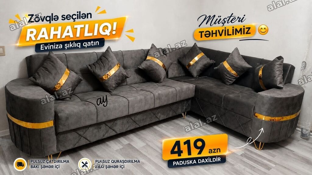 Müasir dizaynlı L formalı yumşaq künc divan. Tünd boz rəngli parça