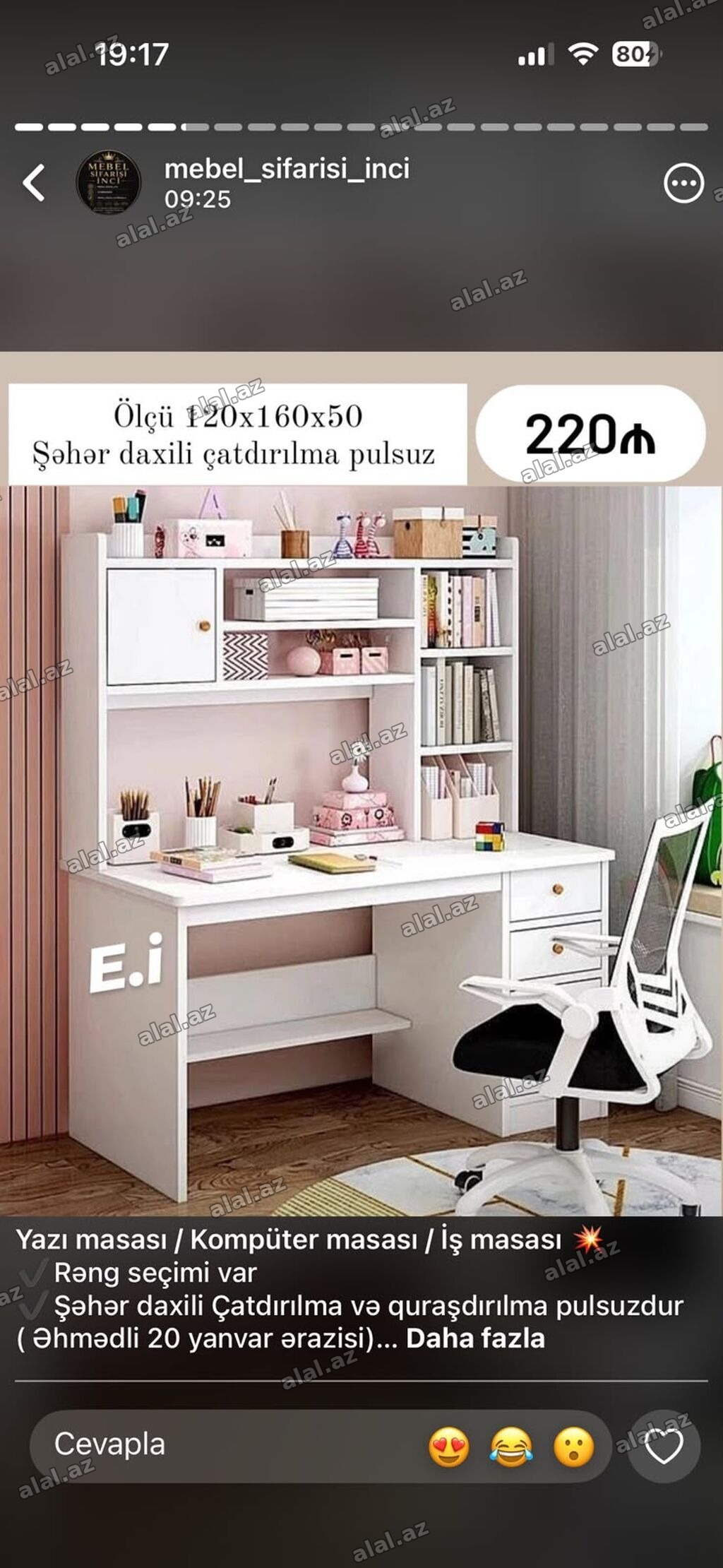 Yazı/Kompyuter/İş masası Ölçü: 120 x 160 x 50 sm Qiymət: 220 ₼
