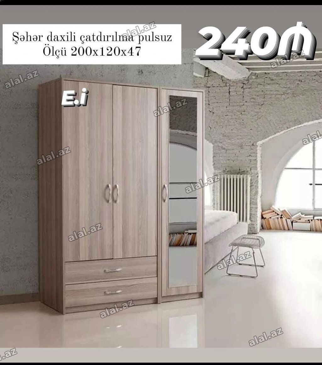 Üçqapılı paltar şkafı – güzgülü model - Ölçü: 200 x 120 x 47 sm