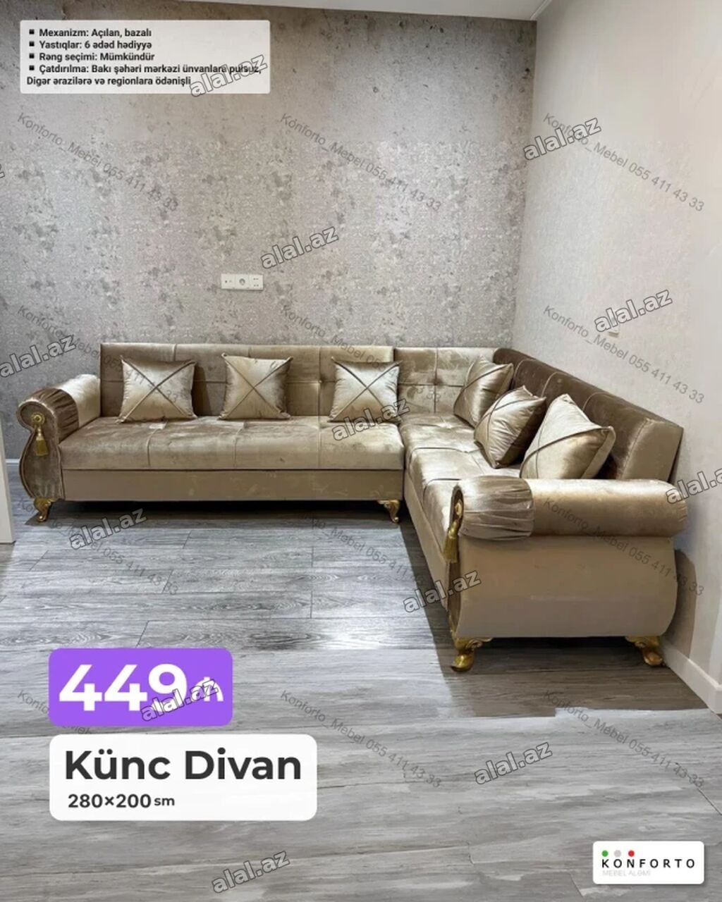 Künc divan – 280×200 sm Şık klassik dizaynlı L formalı künc divan