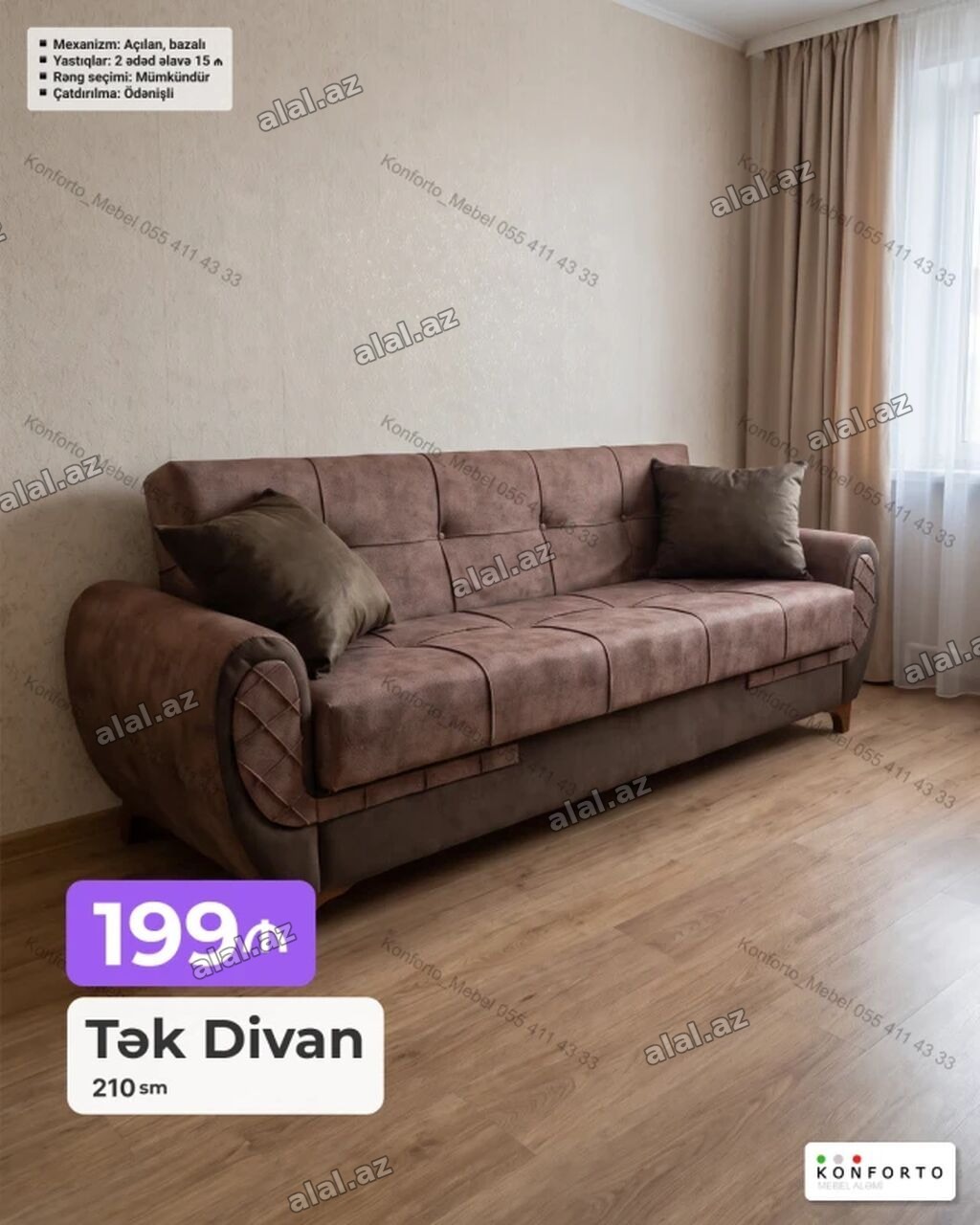 Tək Divan – 210 sm - Açılan, bazalı mexanizm: rahatlıqla yataq olur
