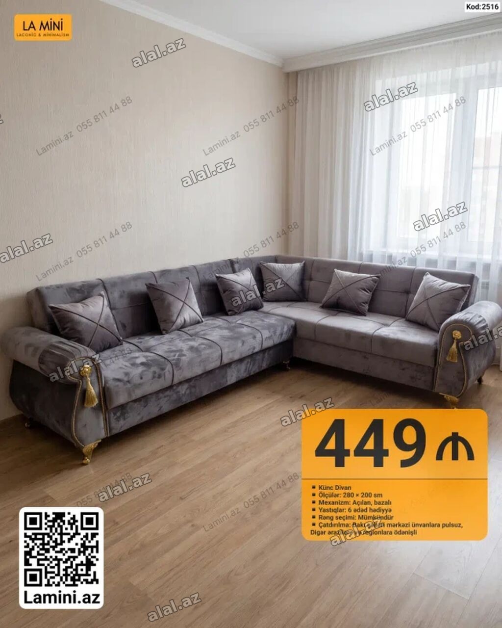 Künc divan – Kod: 2516 - Ölçülər: 280 × 200 sm - Mexanizm: açılan