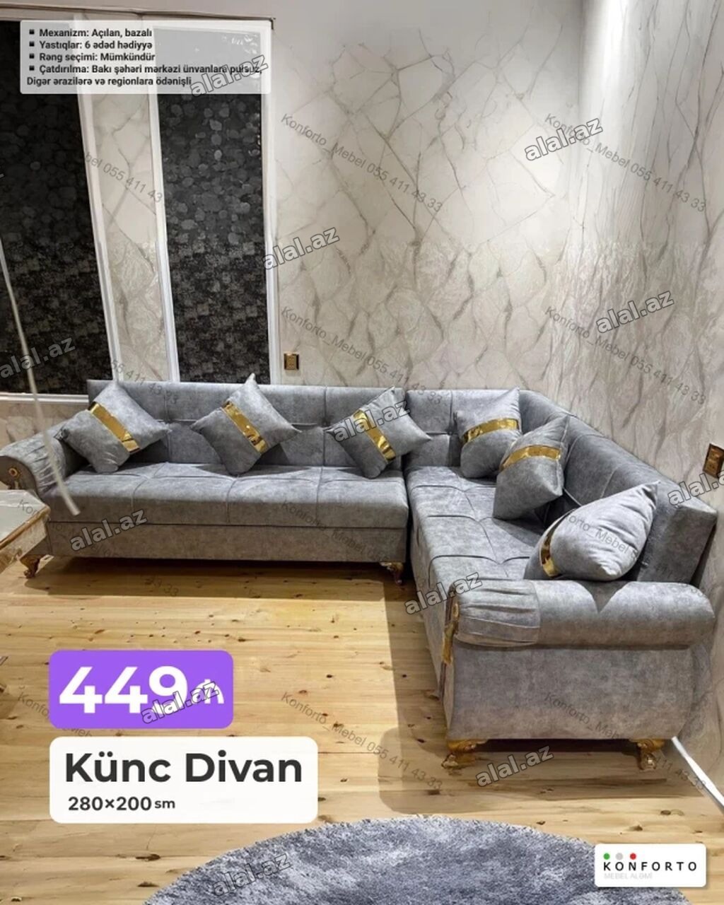 Künc divan – 280×200 sm - Mexanizm: Açılan, bazalı - Komplekt: 6 ədəd