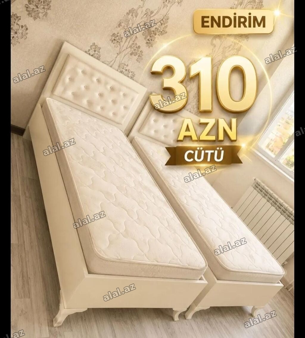 İkili tək çarpayı dəsti – zərif krem rəngli dizayn, başlıqları düyməli