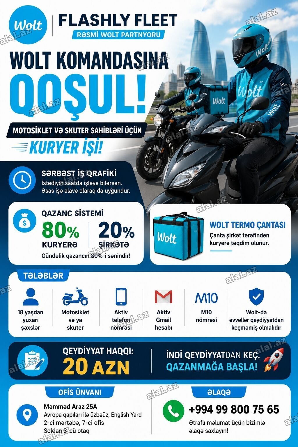 Moto-kuryer tələb olunur, Gündəlik ödəniş, Təcrübəsiz