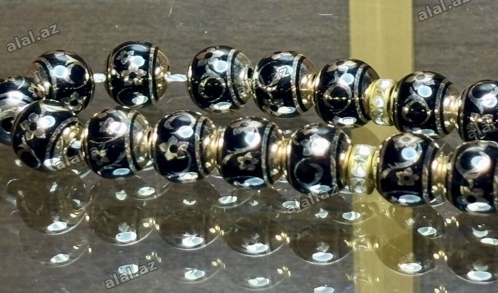 Təbii Oltu Daşı – Gümüş İşləməli Əl İşi Təsbeh Material: Təbii siyah