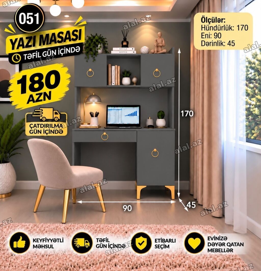 Yazı masası – funksional və zərif dizayn Ölçülər: - Hündürlük: 170 sm