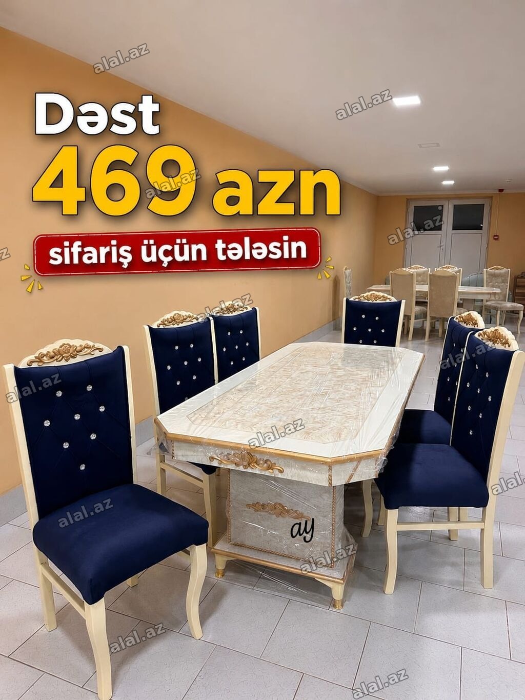 Yemək otağı dəsti – 6 stul + düzbucaqlı masa - Klassik dizayn: krem