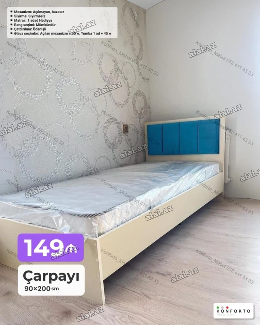 Tək nəfərlik çarpayı – 90×200 sm - Rəng seçimi mümkündür -