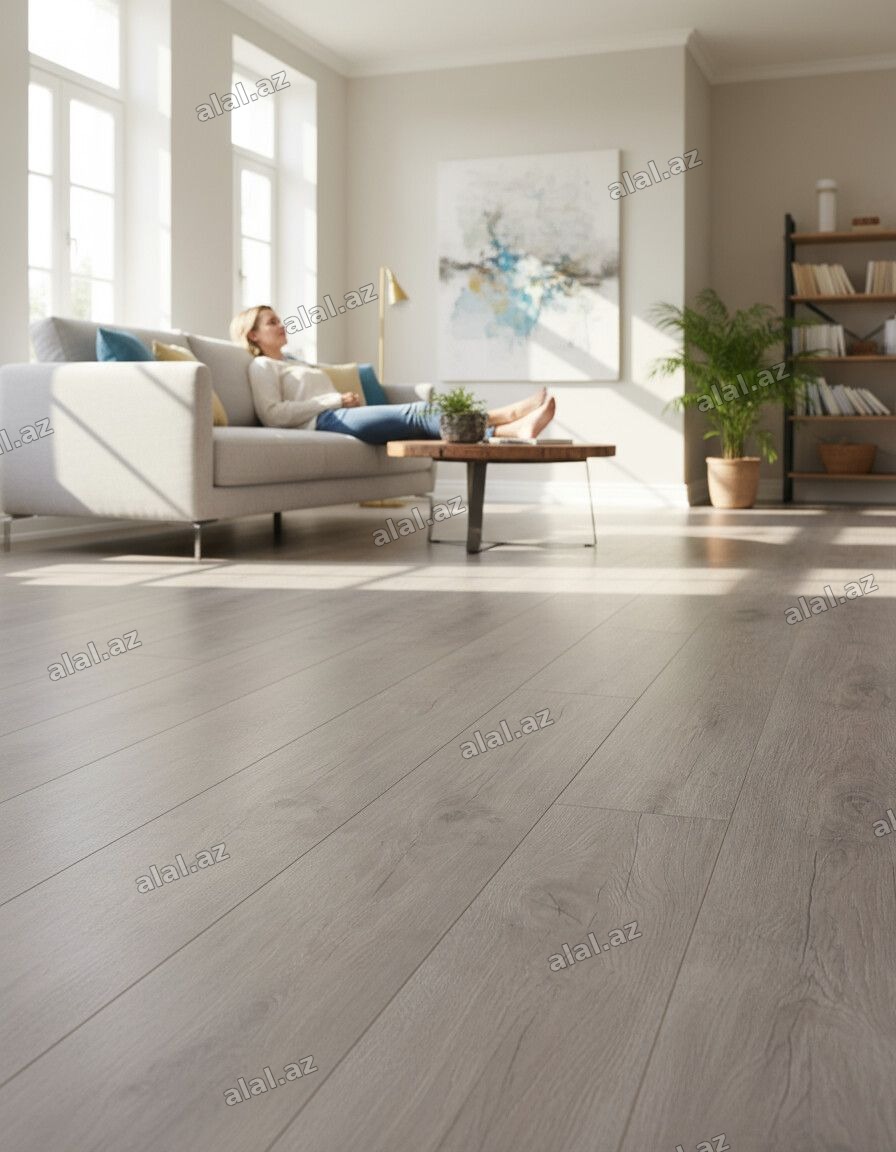 Açıq boz rəngdə, taxta görünüşlü laminat döşəmə. Döşəmə, ev və ya ofis