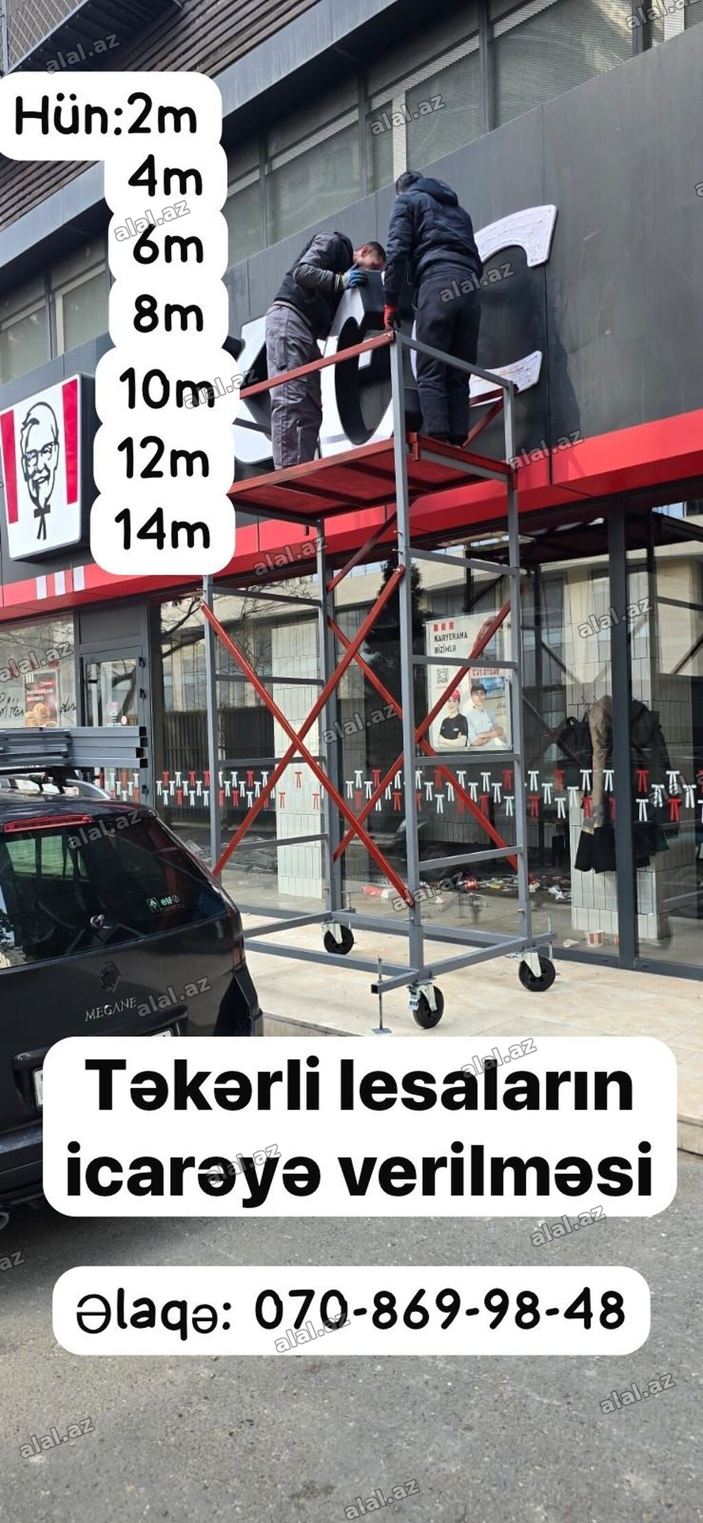 Təkərli lesa (mobil iş qülləsi) icarəsi - İstifadə sahələri: fasad və