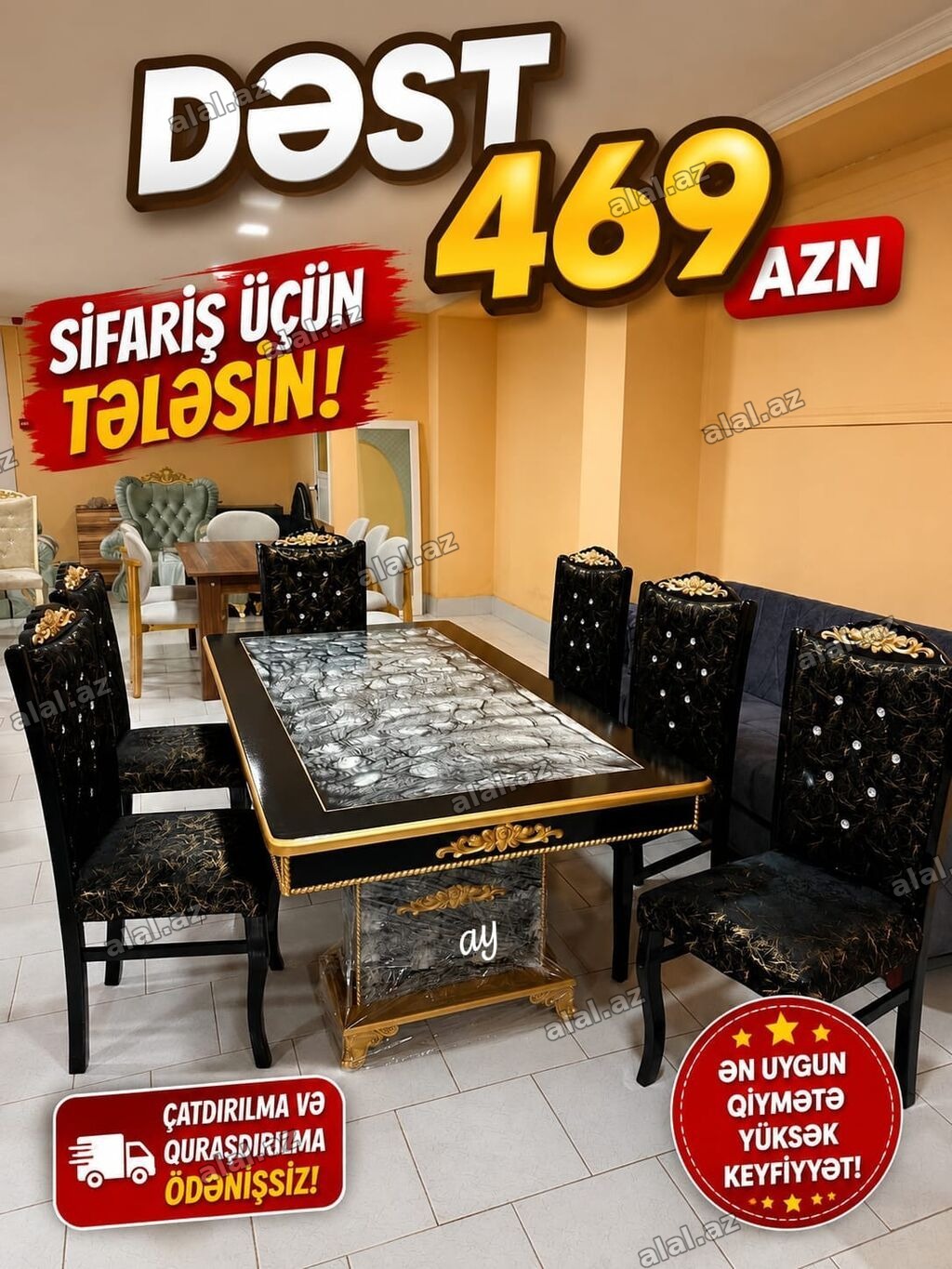 Yemək otağı dəsti – 469 AZN - Dəst tərkibi: 1 ədəd böyük masa + 6