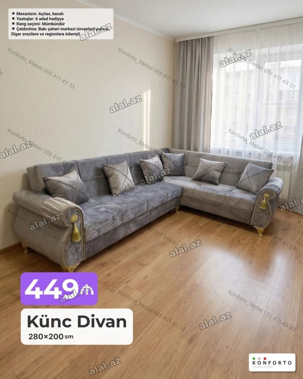 Künc Divan – 280×200 sm - Açılan, bazalı mexanizm: rahat yatacaq və