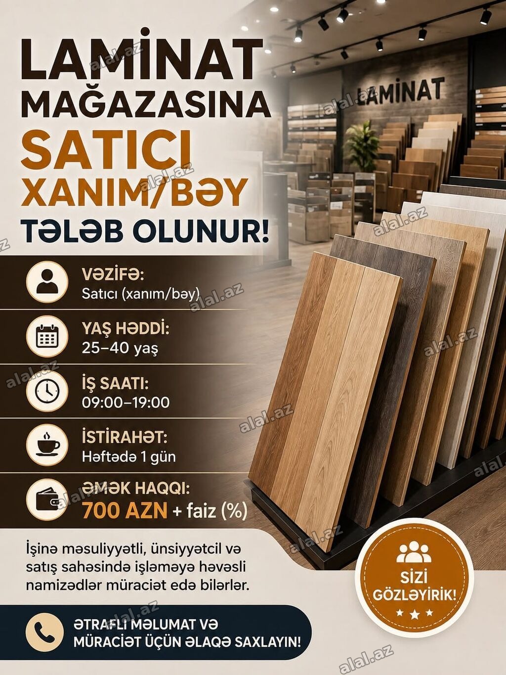 Satış məsləhətçisi tələb olunur, 30-45 yaş, 1 ildən az təcrübə, Aylıq ödəniş
