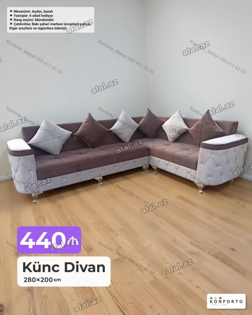 Künc divan – 280×200 sm - Mexanizm: açılan, bazalı (yataq funksiyası