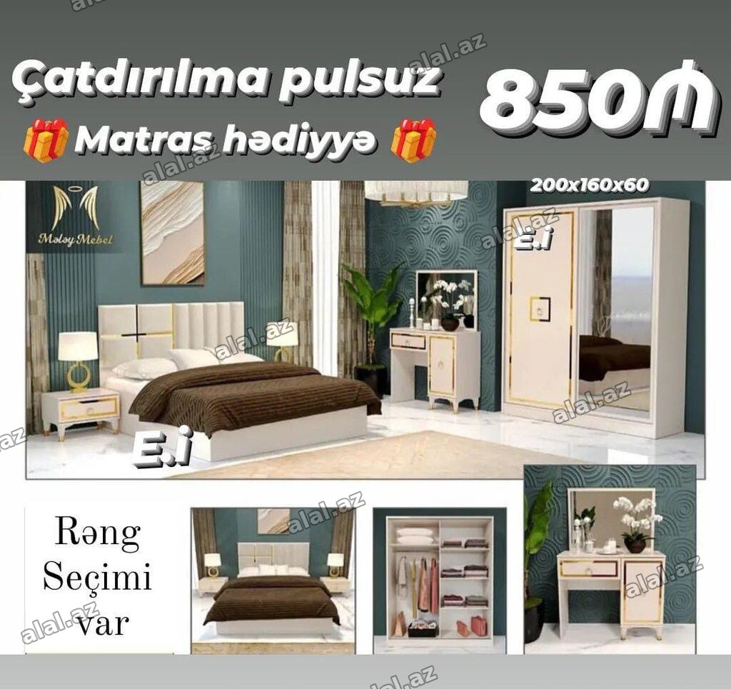 Yataq otağı dəsti – modern dizaynlı, zərif qızılı detallar və neytral