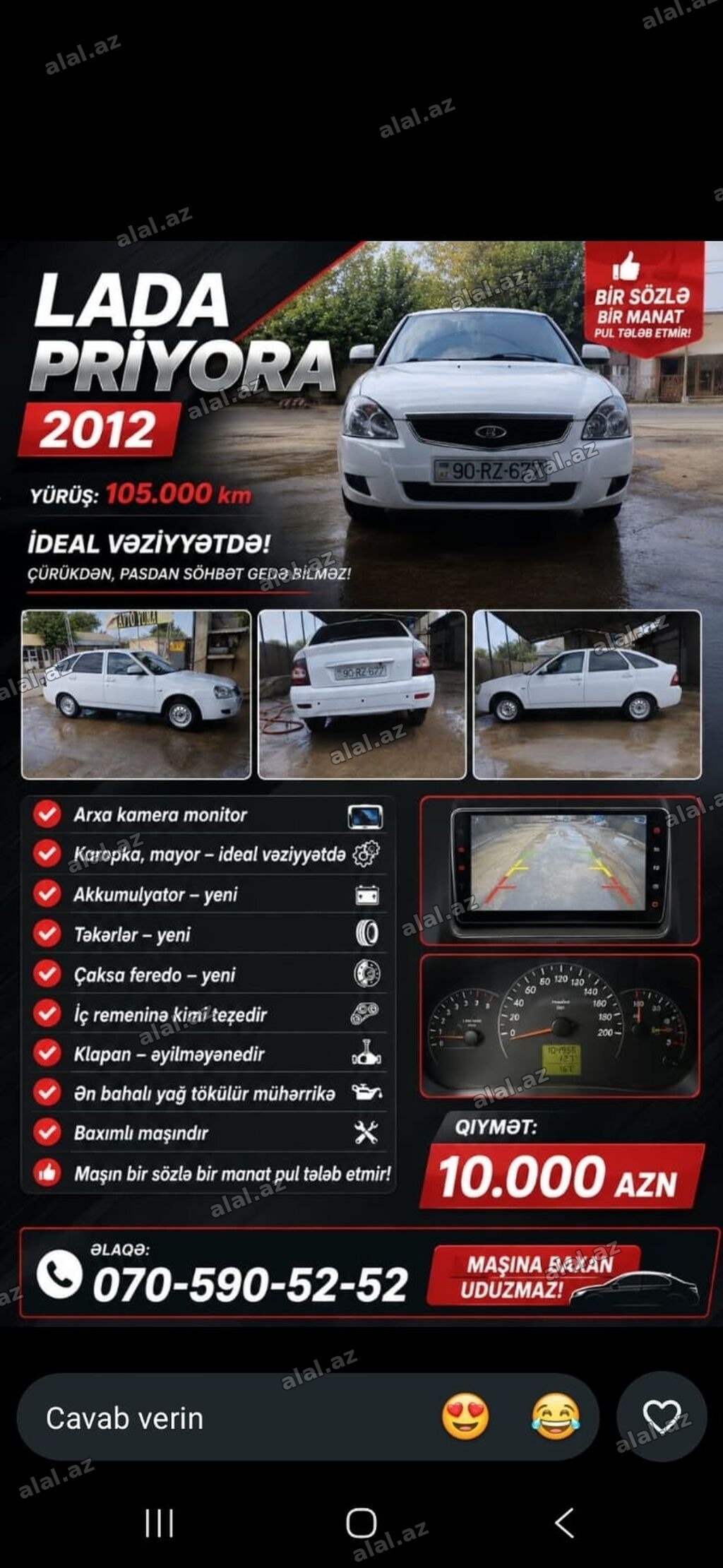 Lada Priora – 2012 - Yürüş: 105,000 km - Rəng: ağ sedan - Arxa kamera