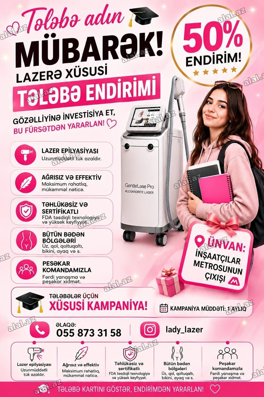 Xüsusi tələbə endirimi ilə lazer epilyasiyası xidməti • 50% endirim –