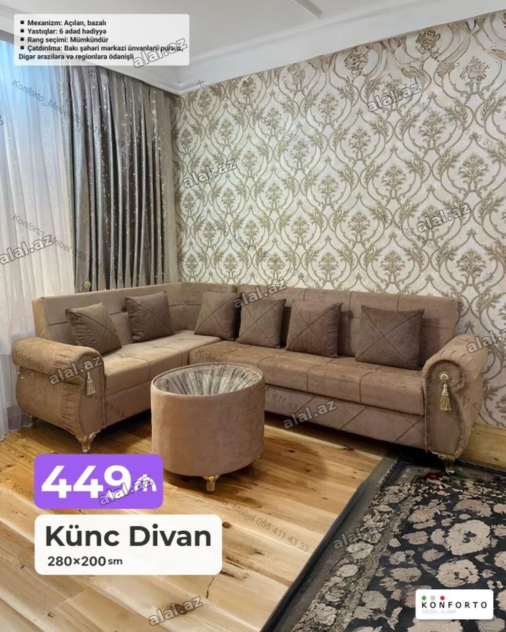Künc divan – 280×200 sm - Mexanizm: Açılan, bazalı (yataq funksiyalı