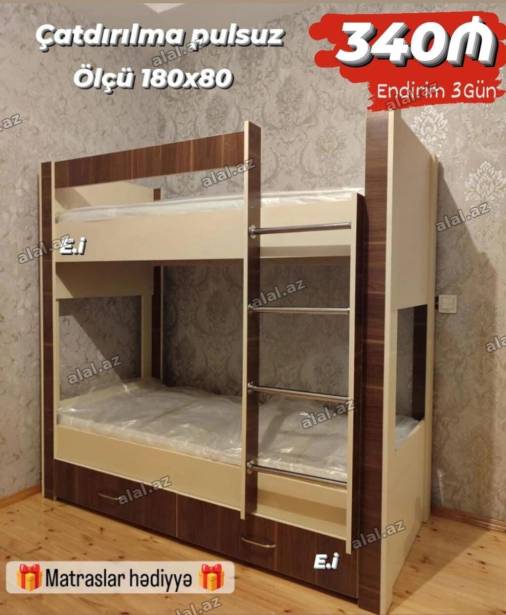İkiqat uşaq çarpayısı - Ölçü: 180x80 - Komplekt: matrasslar hədiyyə -